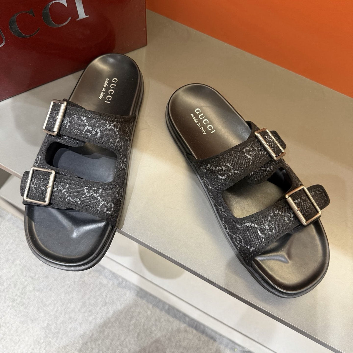 Gucci Double-Buckle Monogram Slide Sandals — front