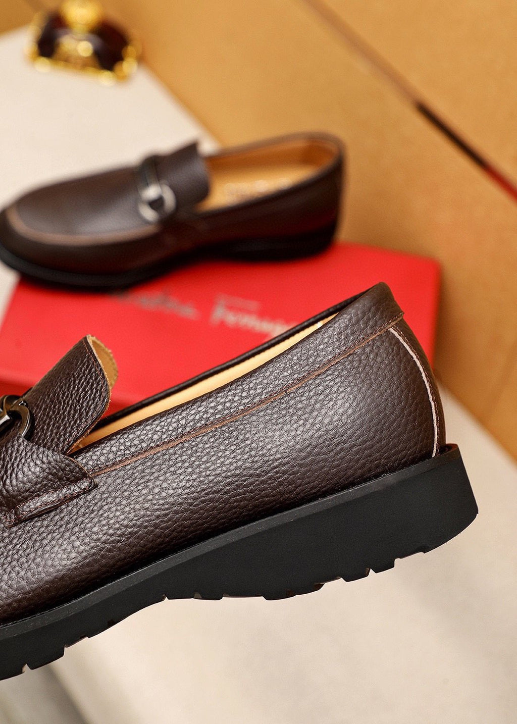 Ferragamo Pebble-Grain Buckle Slip-On Shoes — detail