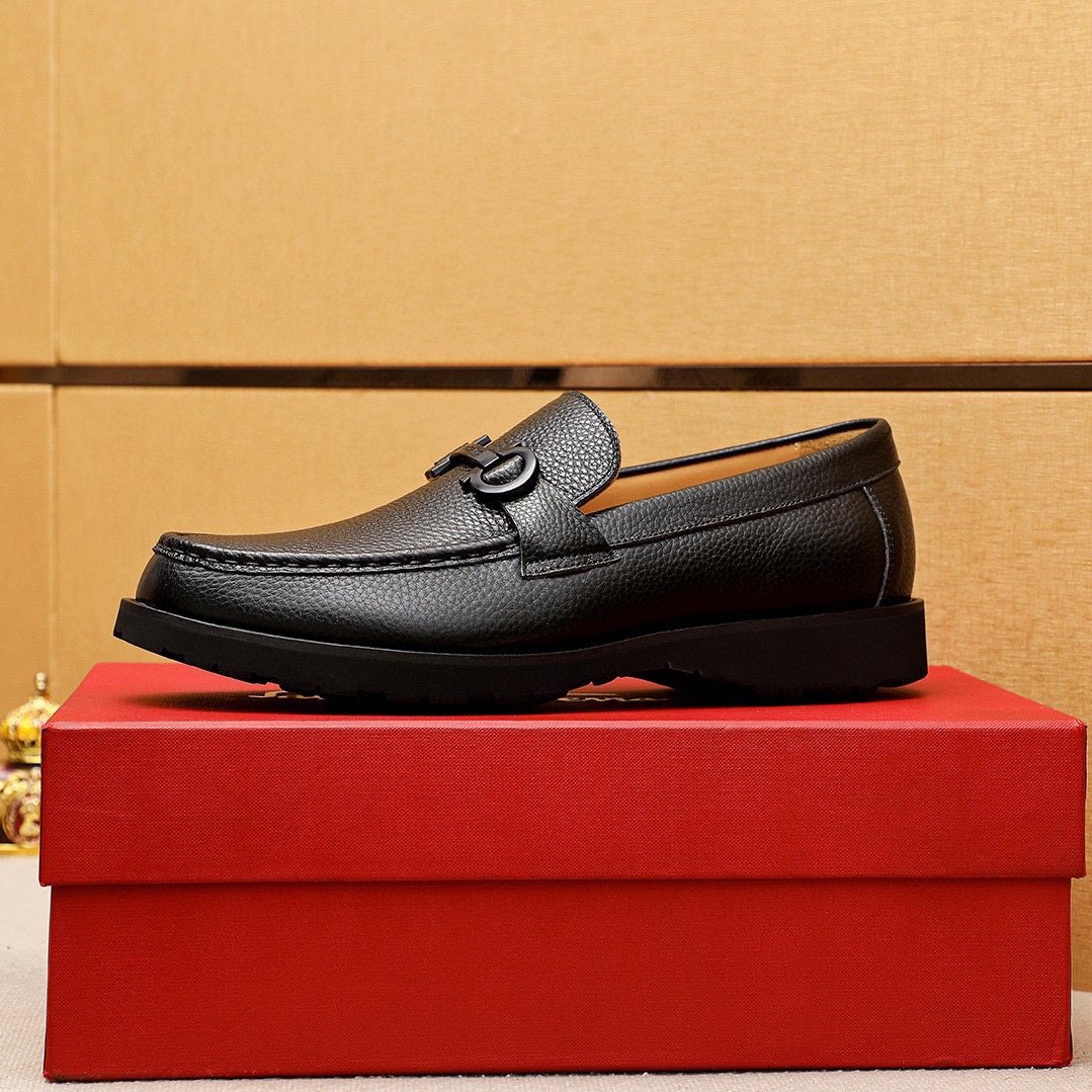 Ferragamo Pebble-Grain Buckle Slip-On Shoes — detail