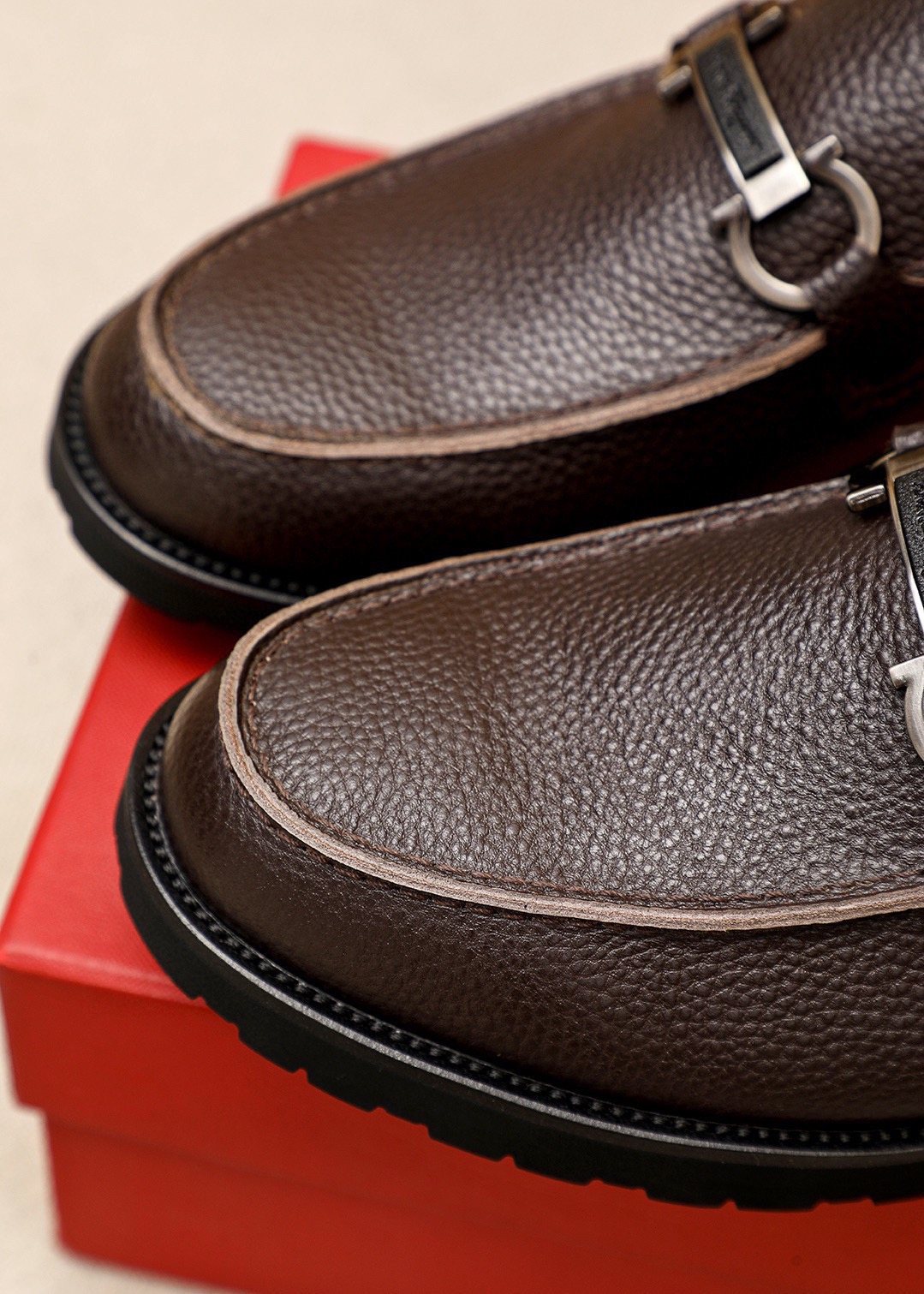 Ferragamo Pebble-Grain Buckle Slip-On Shoes — detail