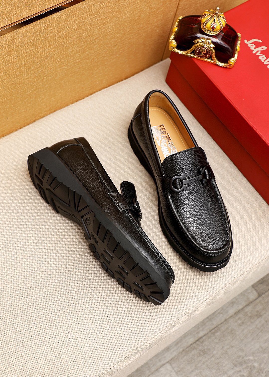 Ferragamo Pebble-Grain Buckle Slip-On Shoes — front