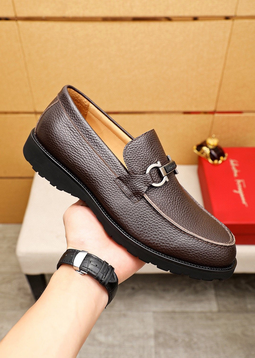 Ferragamo Pebble-Grain Buckle Slip-On Shoes — model