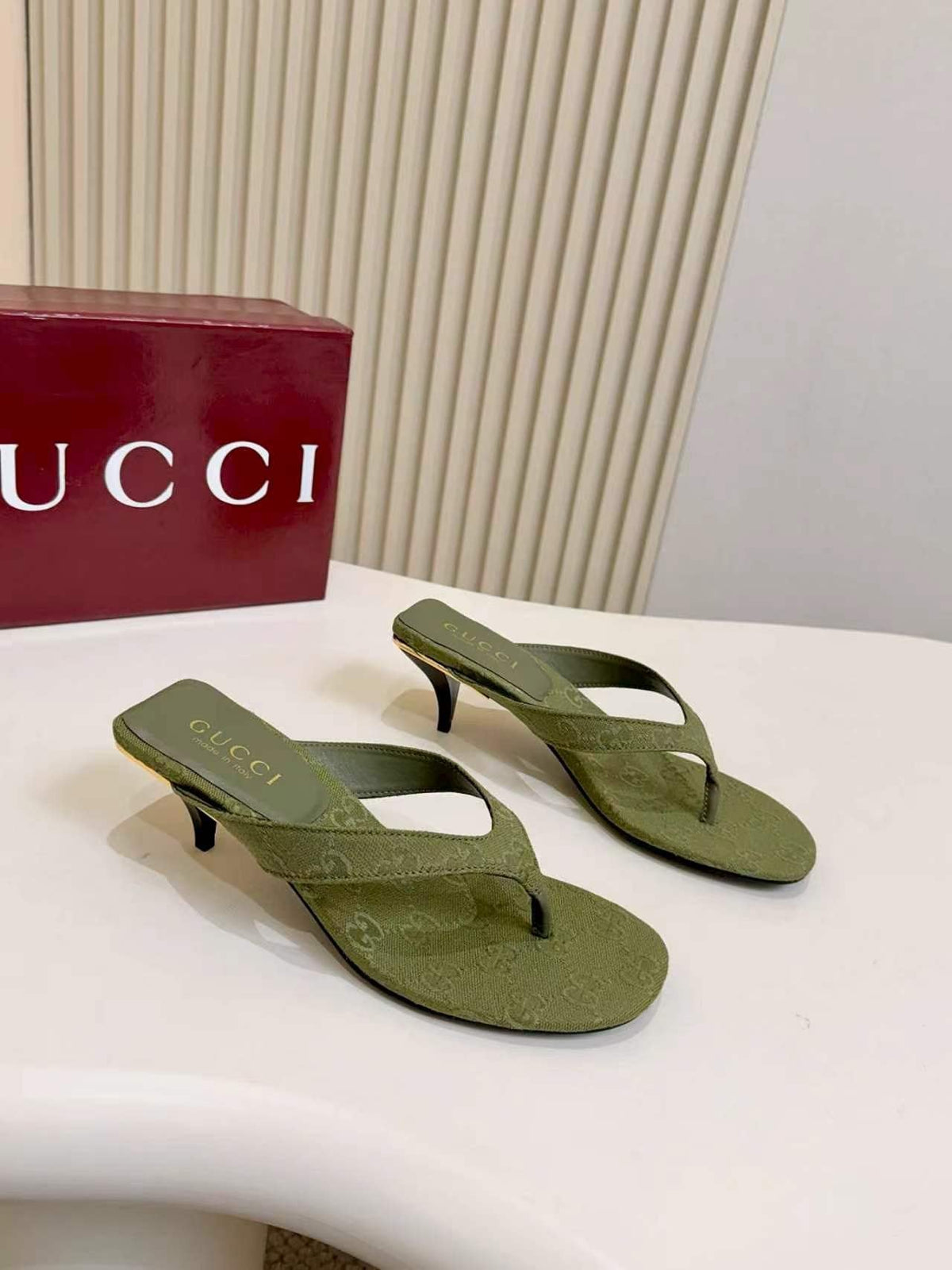 Gucci Monogram Thong Heel Sandals — front