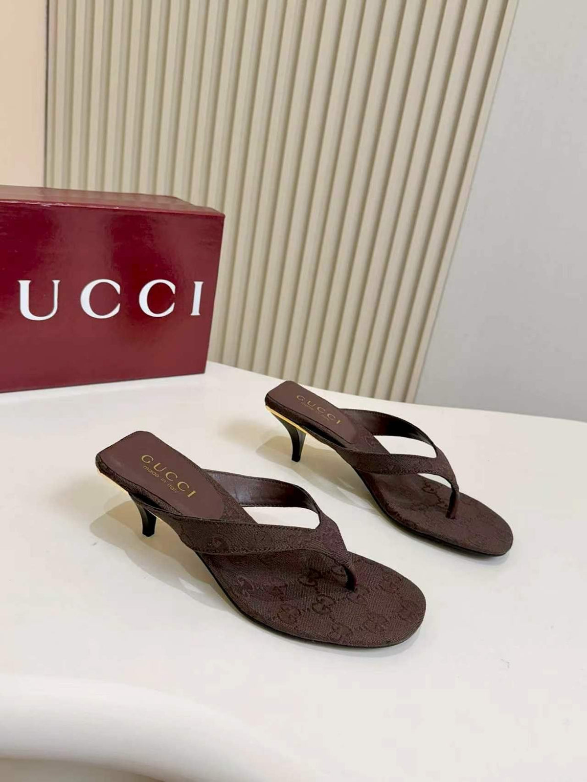 Gucci Monogram Thong Heel Sandals — front