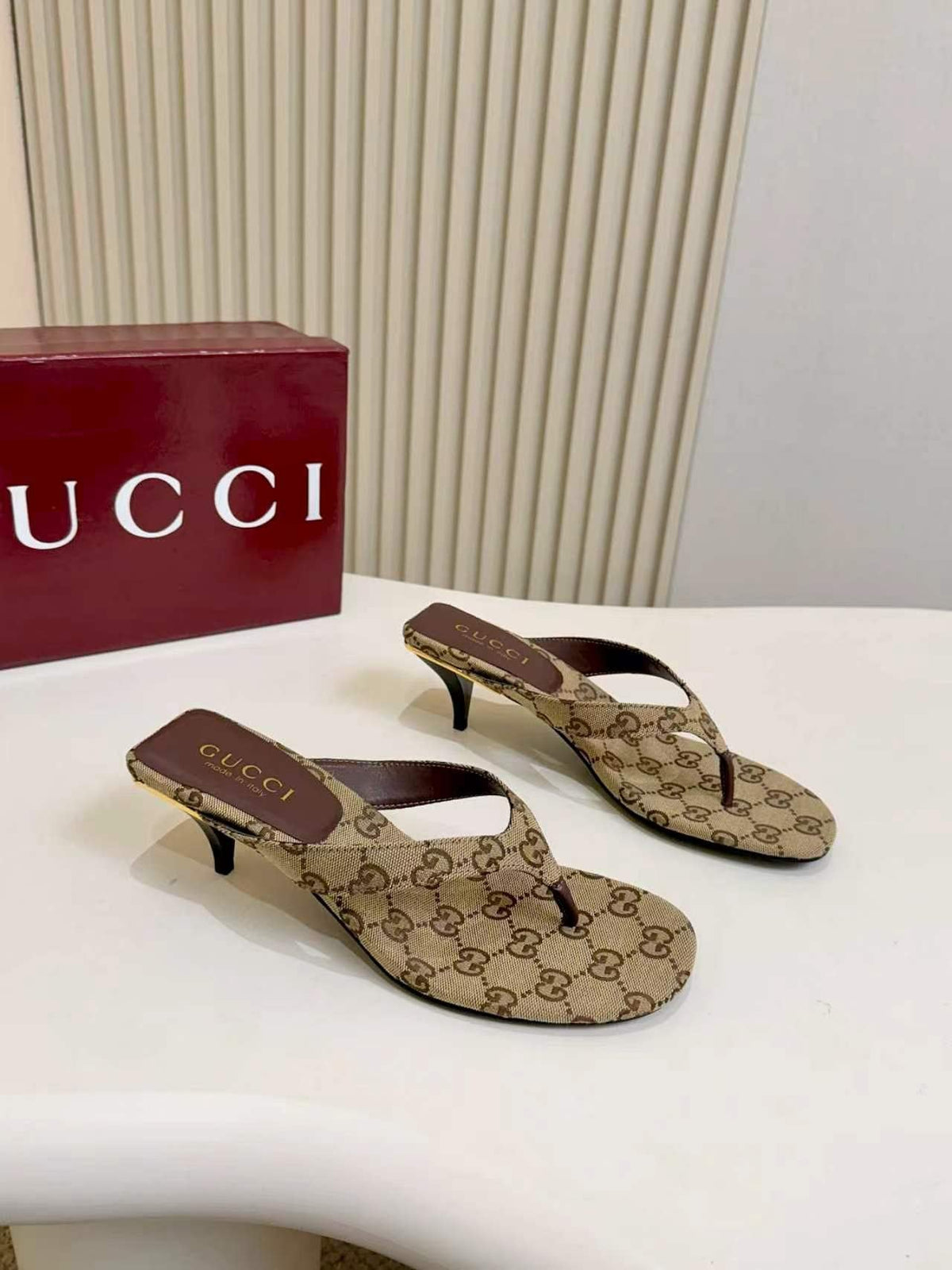 Gucci Monogram Thong Heel Sandals — front