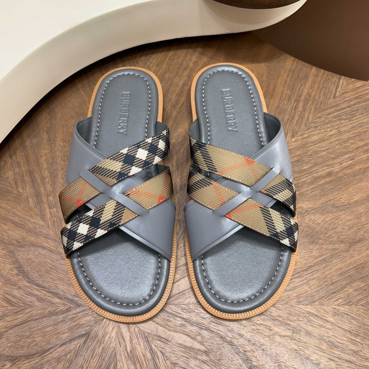 Burberry Plaid Cross-Strap Slide Sandals — front