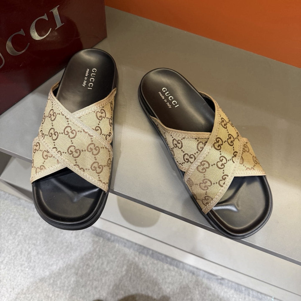 Gucci Patterned Cross-Strap Slide Sandals — front