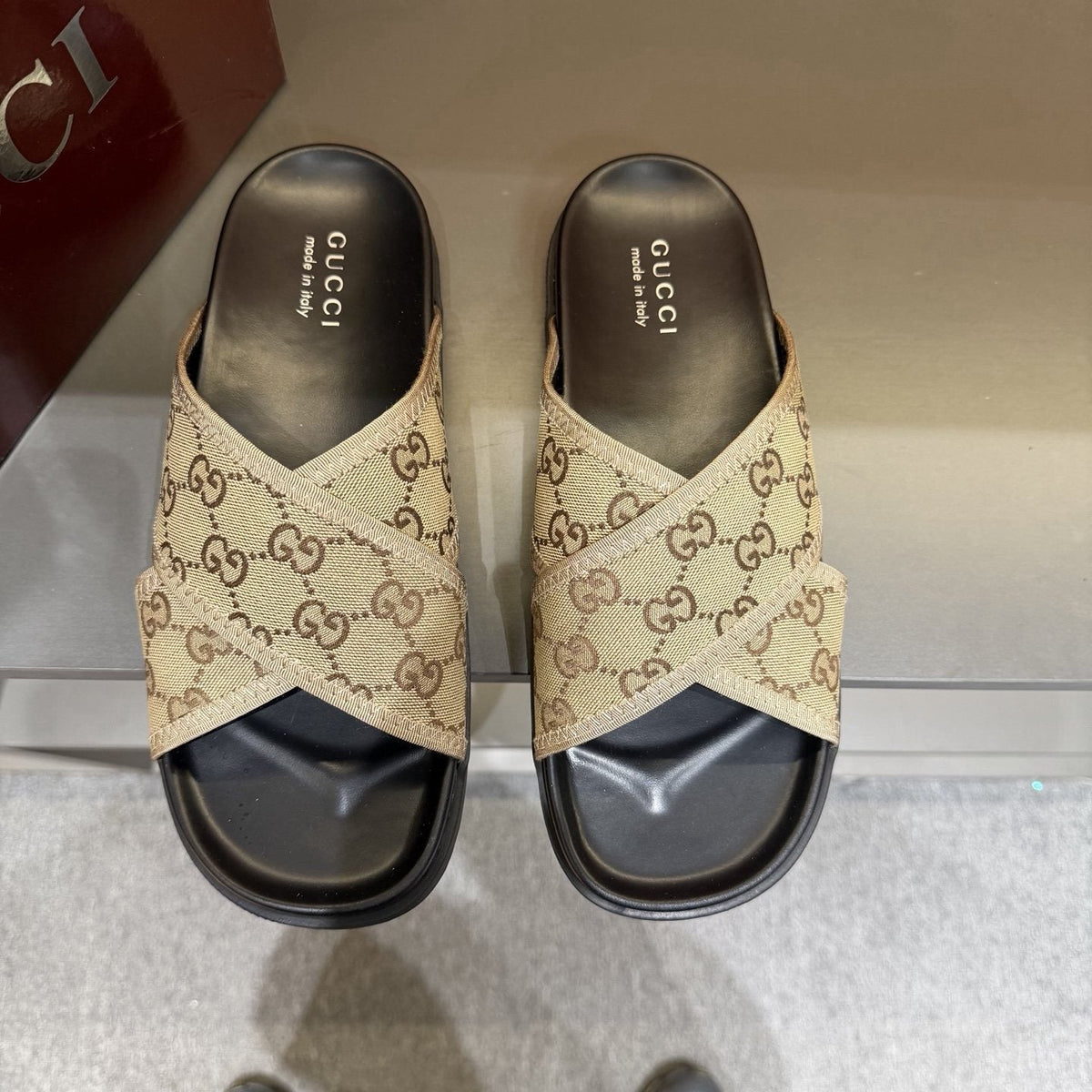 Gucci Patterned Cross-Strap Slide Sandals — front