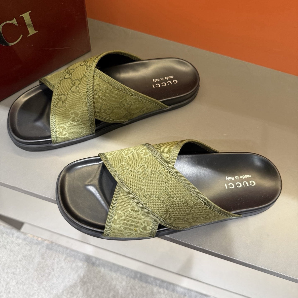 Gucci Patterned Cross-Strap Slide Sandals — front