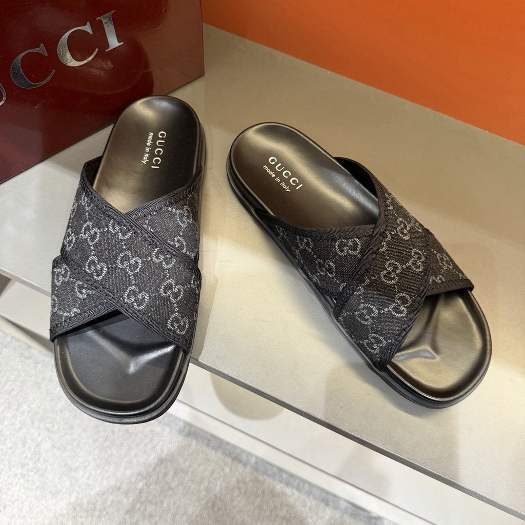 Gucci Patterned Cross-Strap Slide Sandals — hero