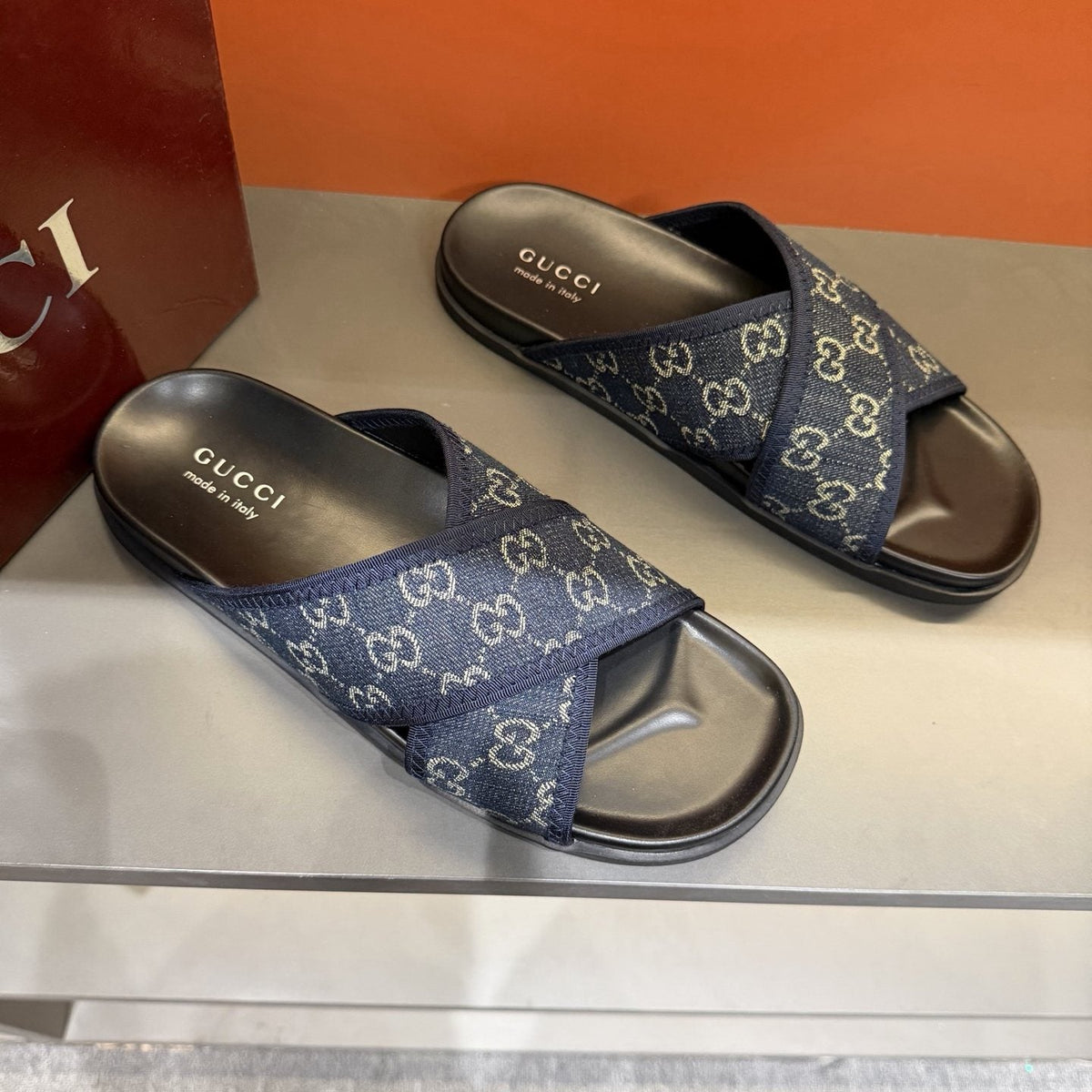 Gucci Patterned Cross-Strap Slide Sandals — front