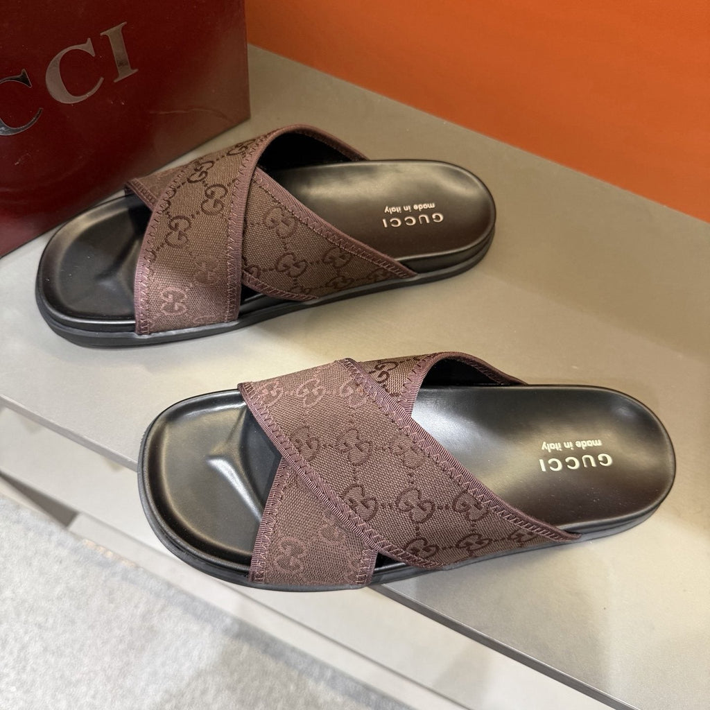 Gucci Patterned Cross-Strap Slide Sandals — front