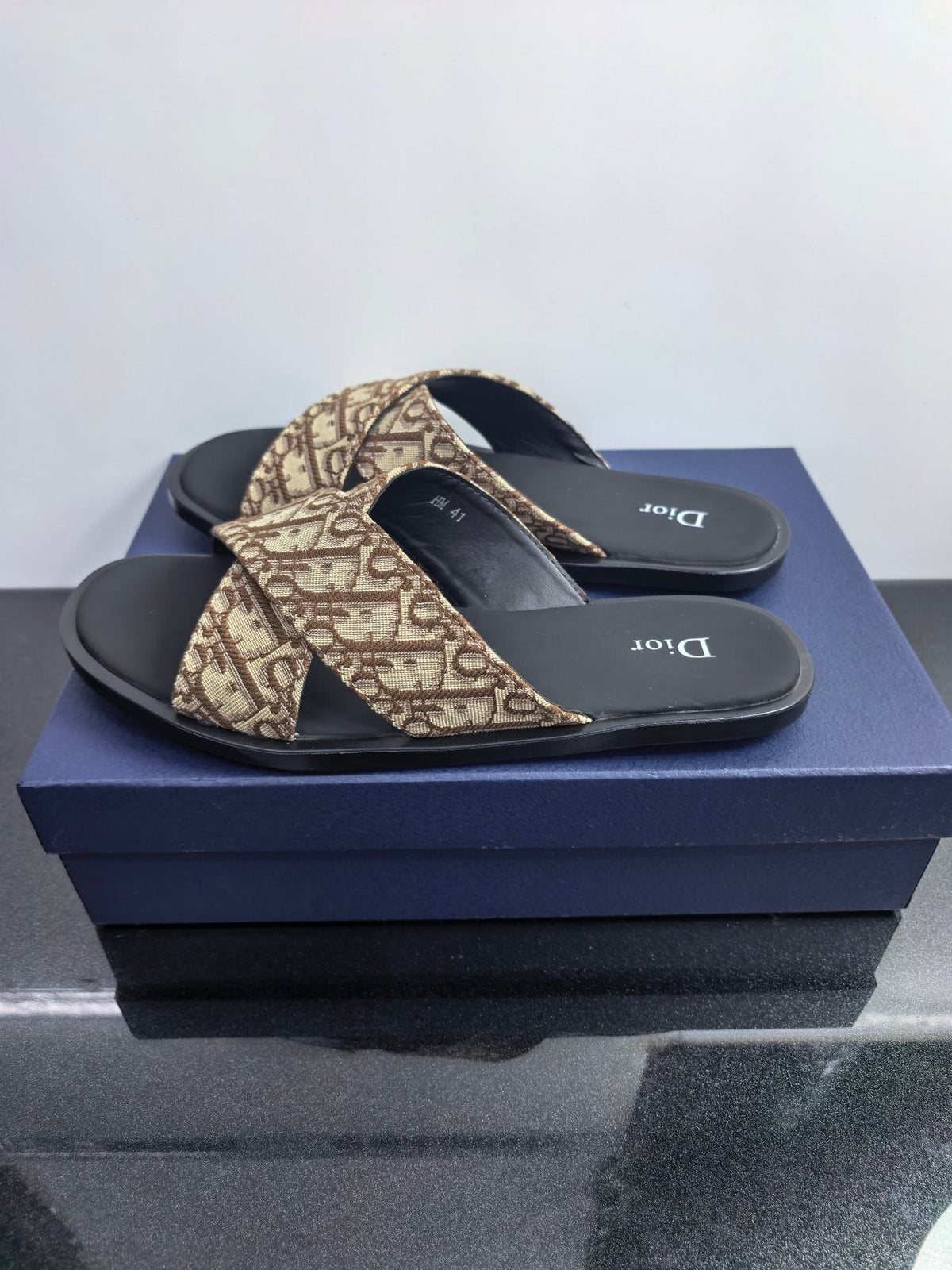 Dior Beige Pattern Crossover Slide Sandals — front
