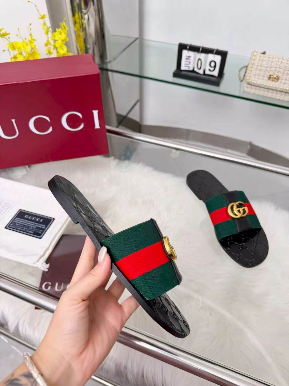 Gucci Black Striped Strap Slide Sandals — side