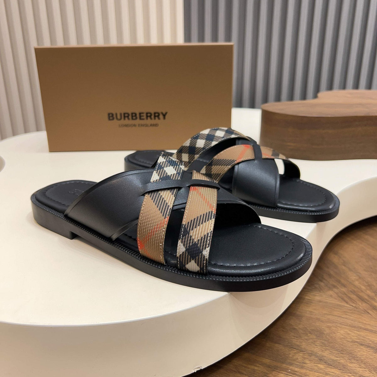 Burberry Plaid Cross-Strap Slide Sandals — front