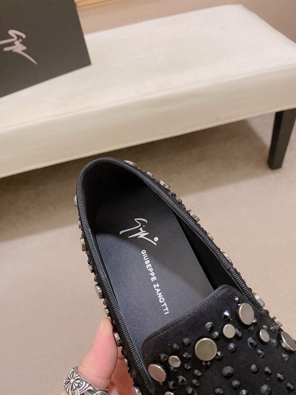Giuseppe Zanotti Black Studded Slip-On Shoes — label