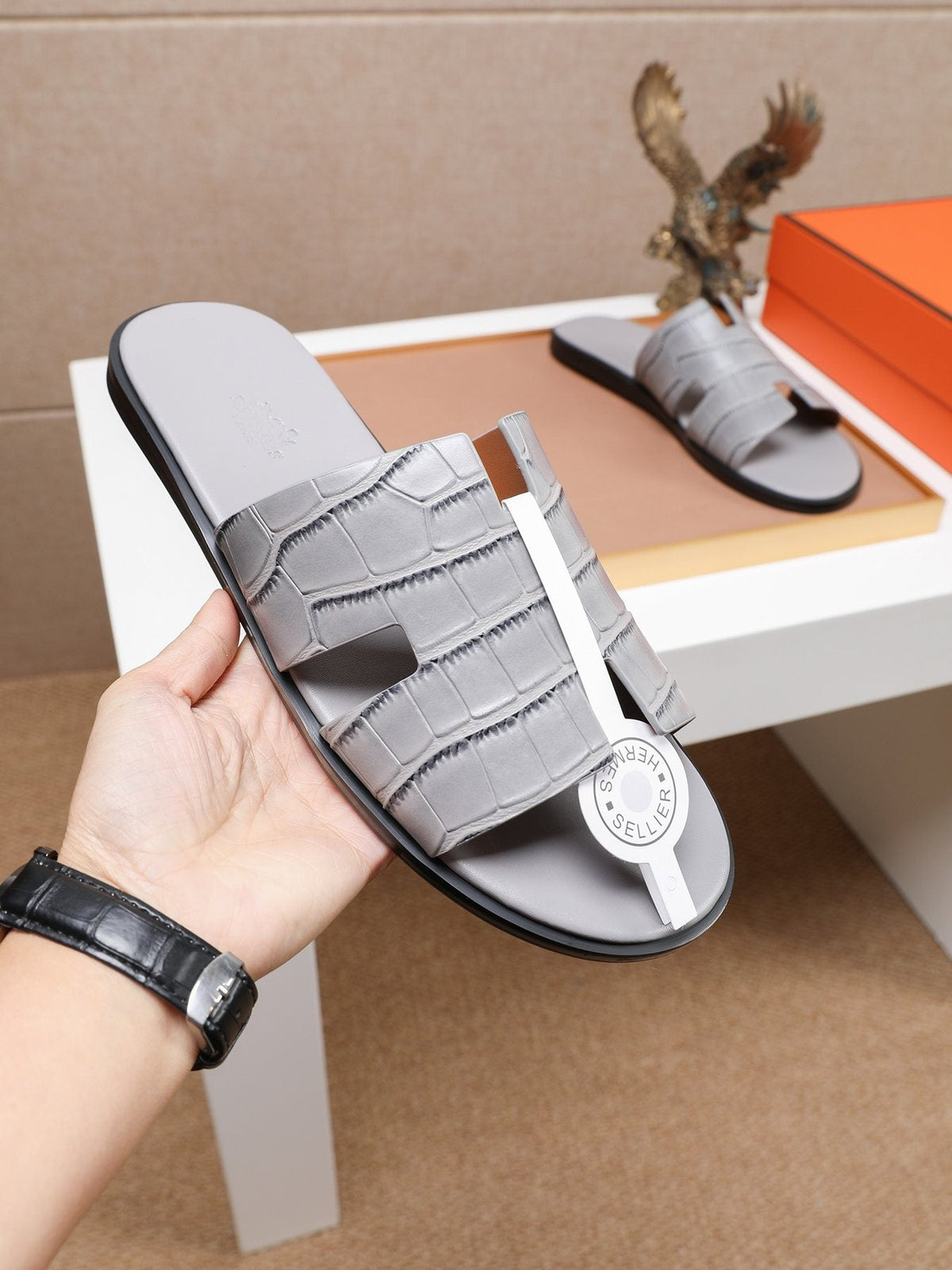 Hermes Textured H Slide Sandals — model
