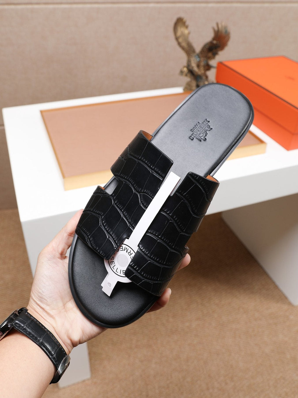 Hermes Textured H Slide Sandals — model