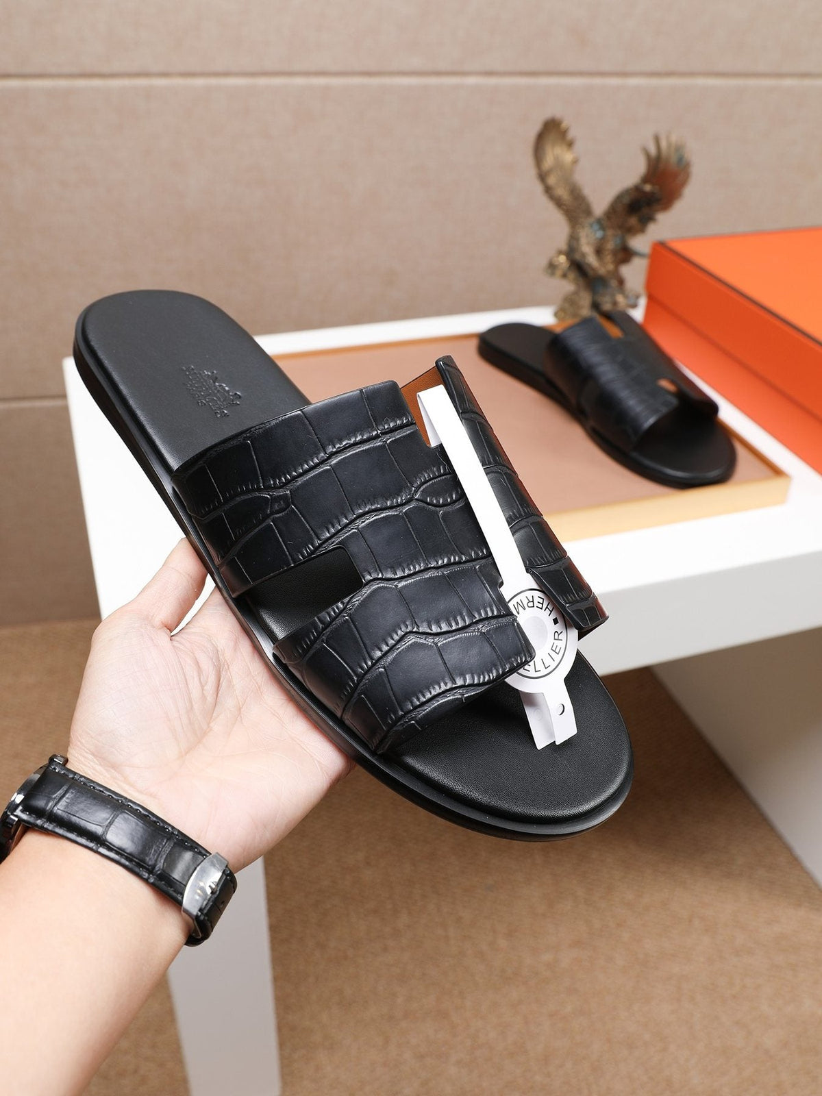 Hermes Textured H Slide Sandals — model