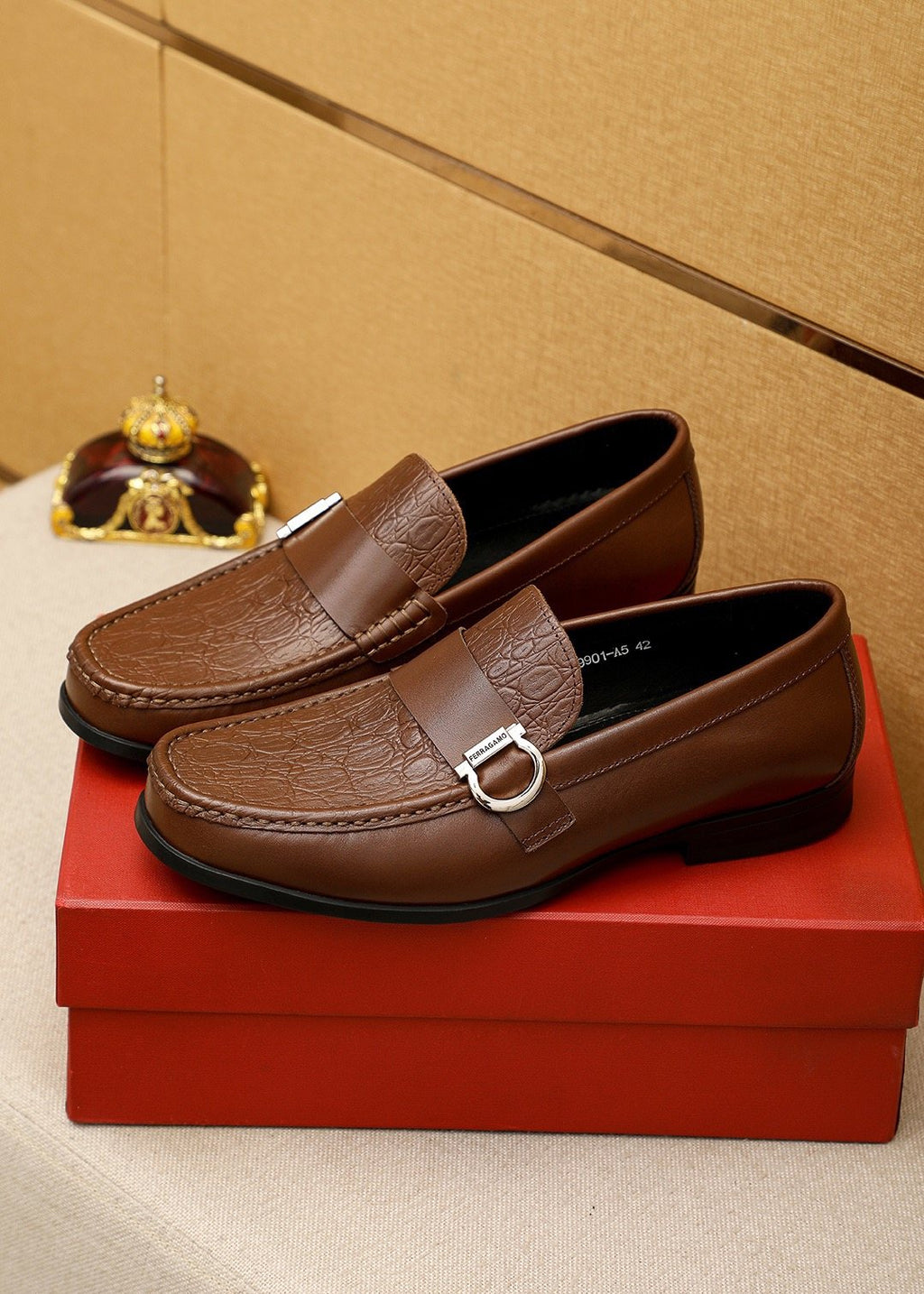 Ferragamo Textured Metal Bit Leather Loafers — front