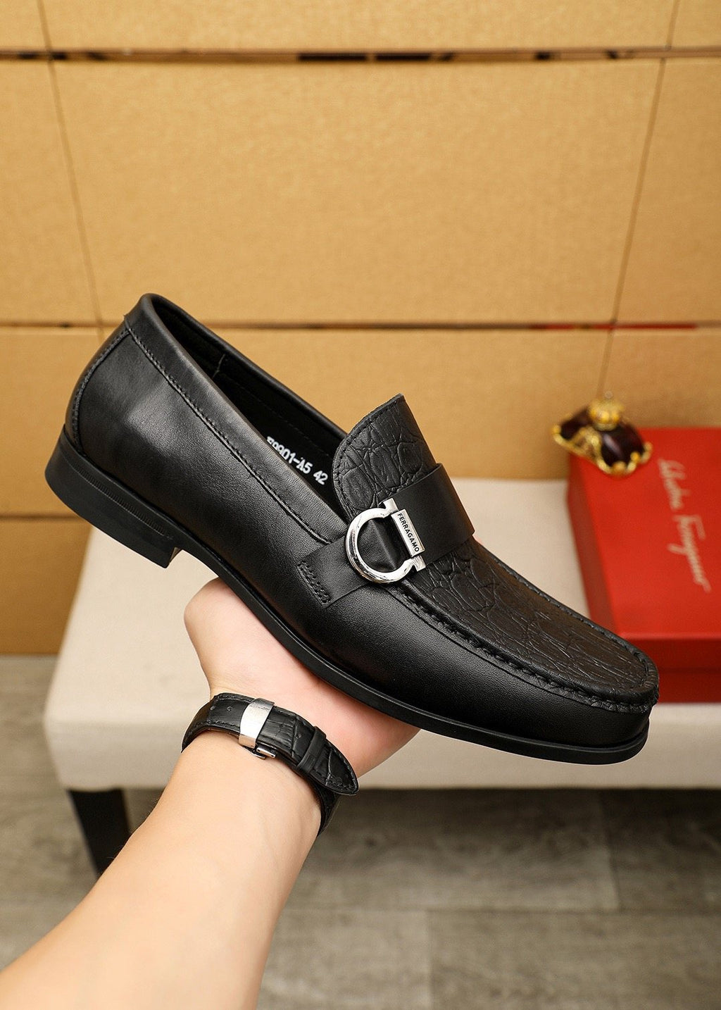 Ferragamo Textured Metal Bit Leather Loafers — side