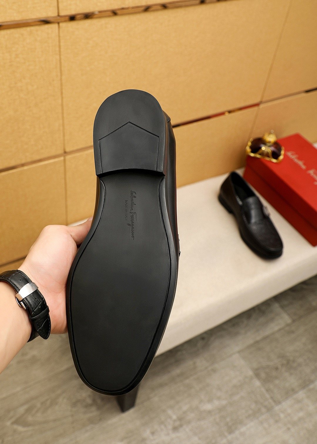 Ferragamo Textured Metal Bit Leather Loafers — front