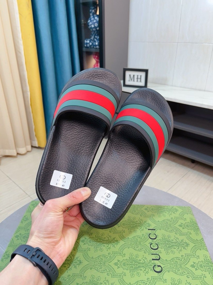 Gucci Green and Red Stripe Slide Sandals — front