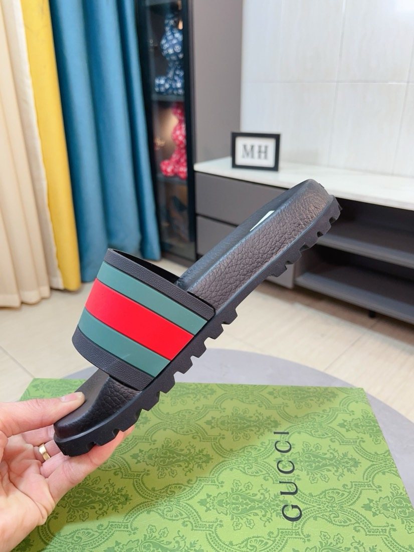 Gucci Green and Red Stripe Slide Sandals — side