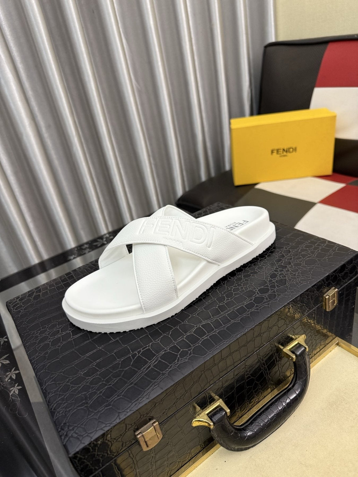 Fendi Embossed Cross-Strap Slide Sandals — front