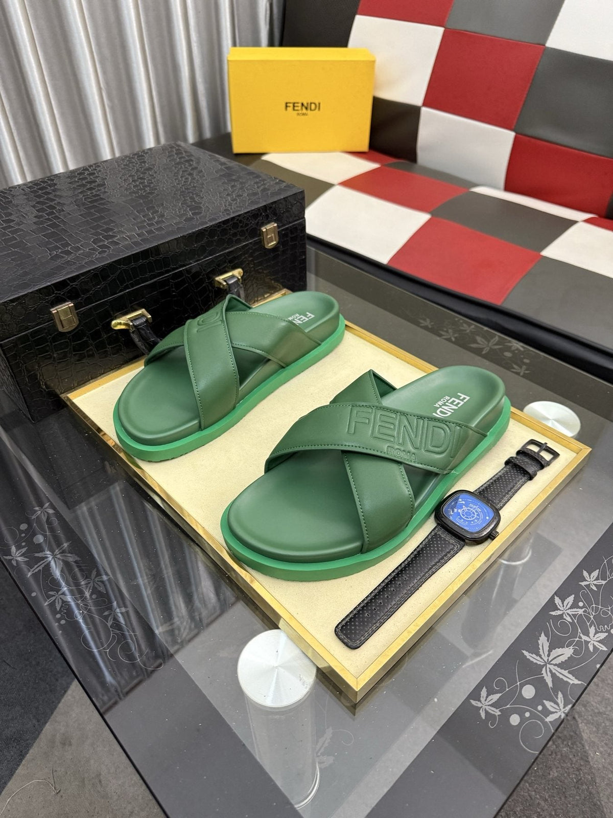 Fendi Embossed Cross-Strap Slide Sandals — front