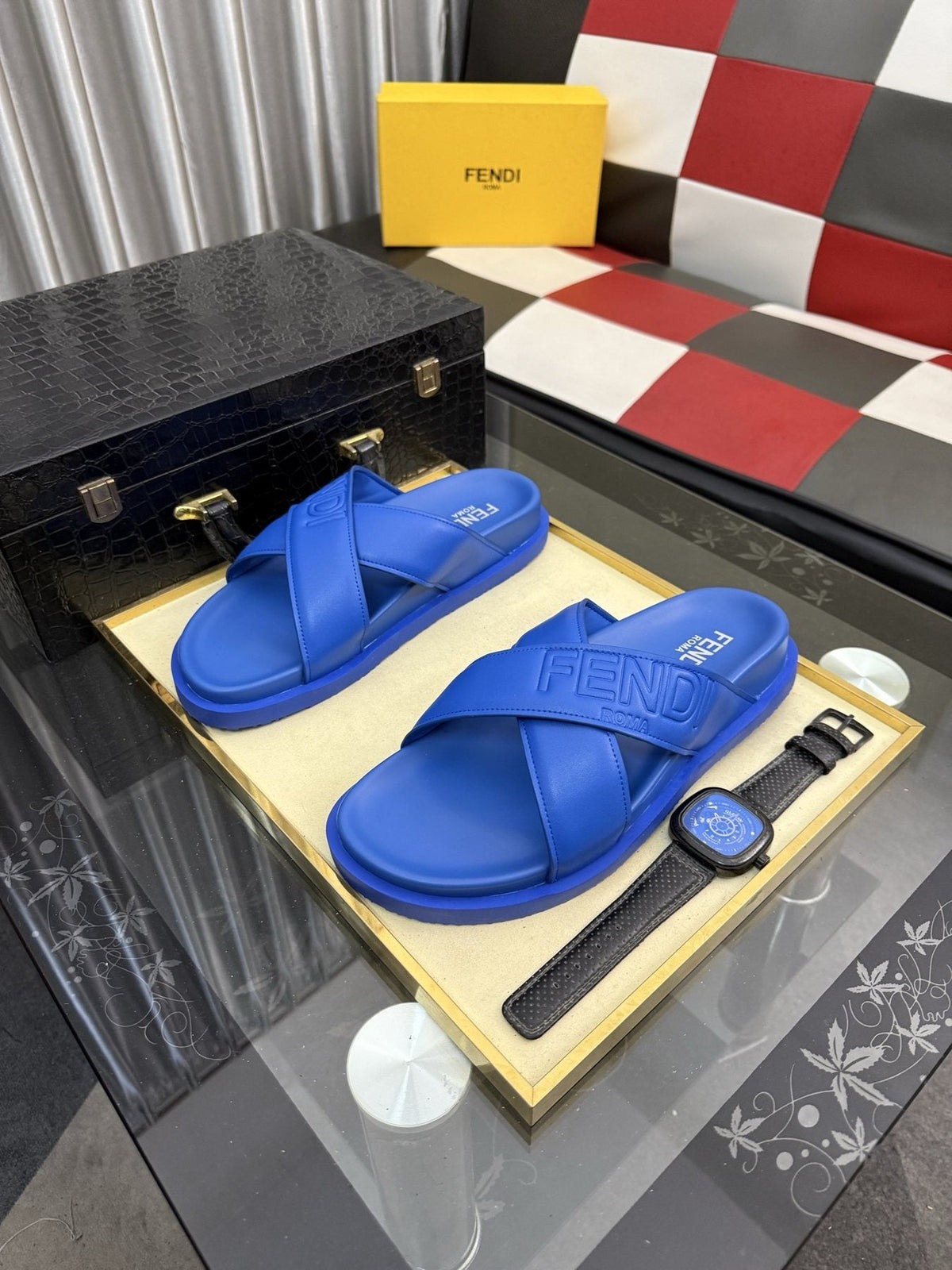 Fendi Embossed Cross-Strap Slide Sandals — front
