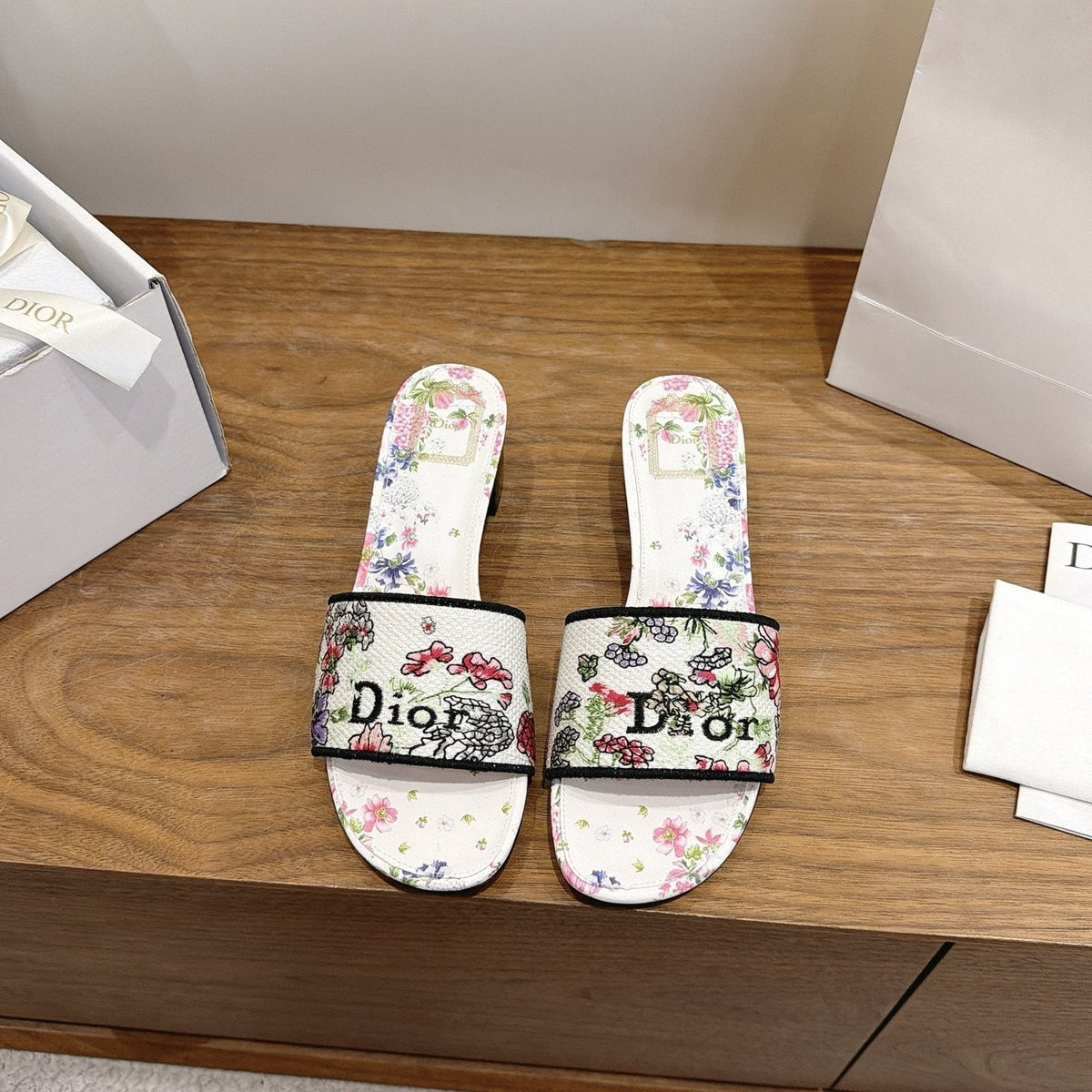 Dior Floral Embroidered Block-Heel Slide Sandals — front