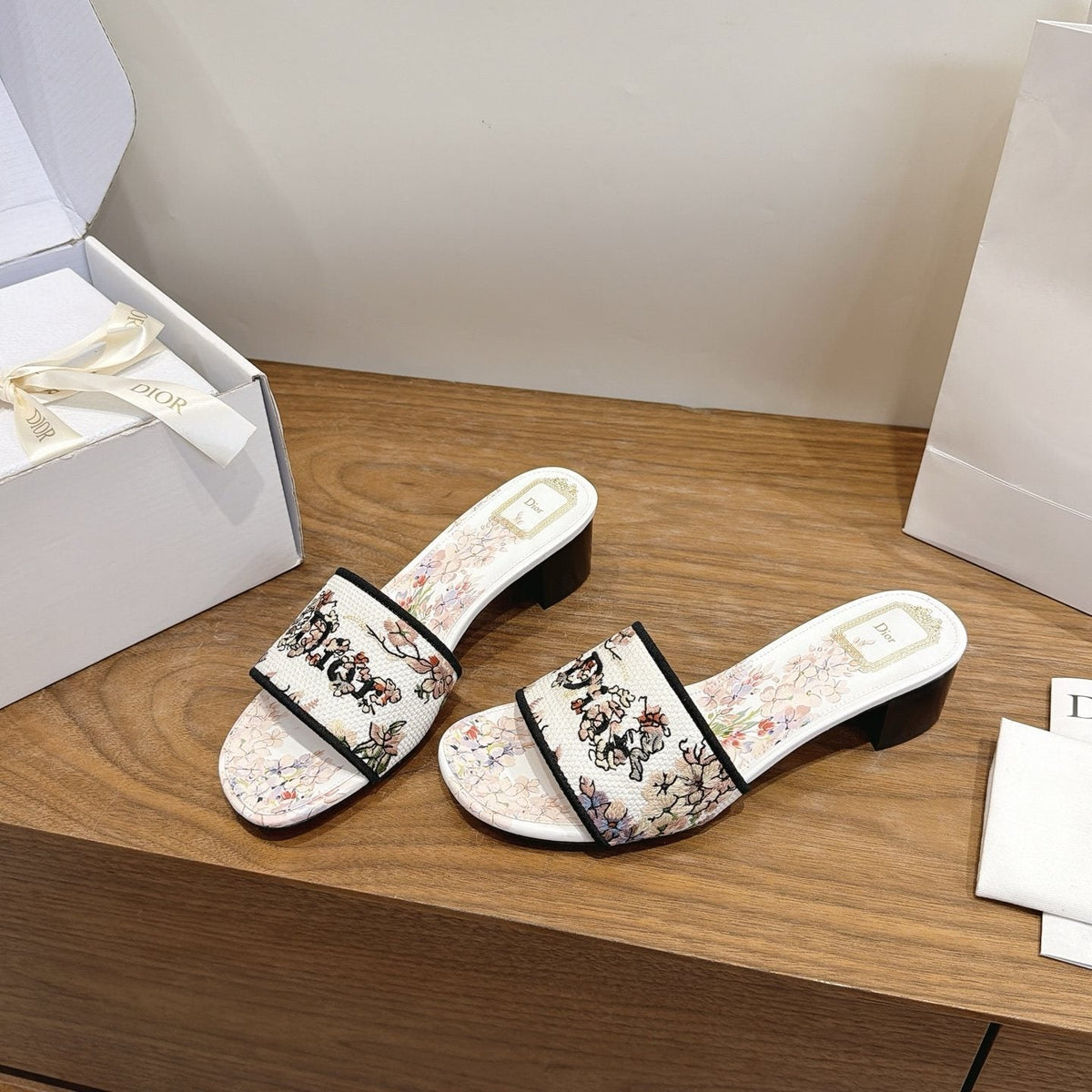 Dior Floral Embroidered Block-Heel Slide Sandals — front
