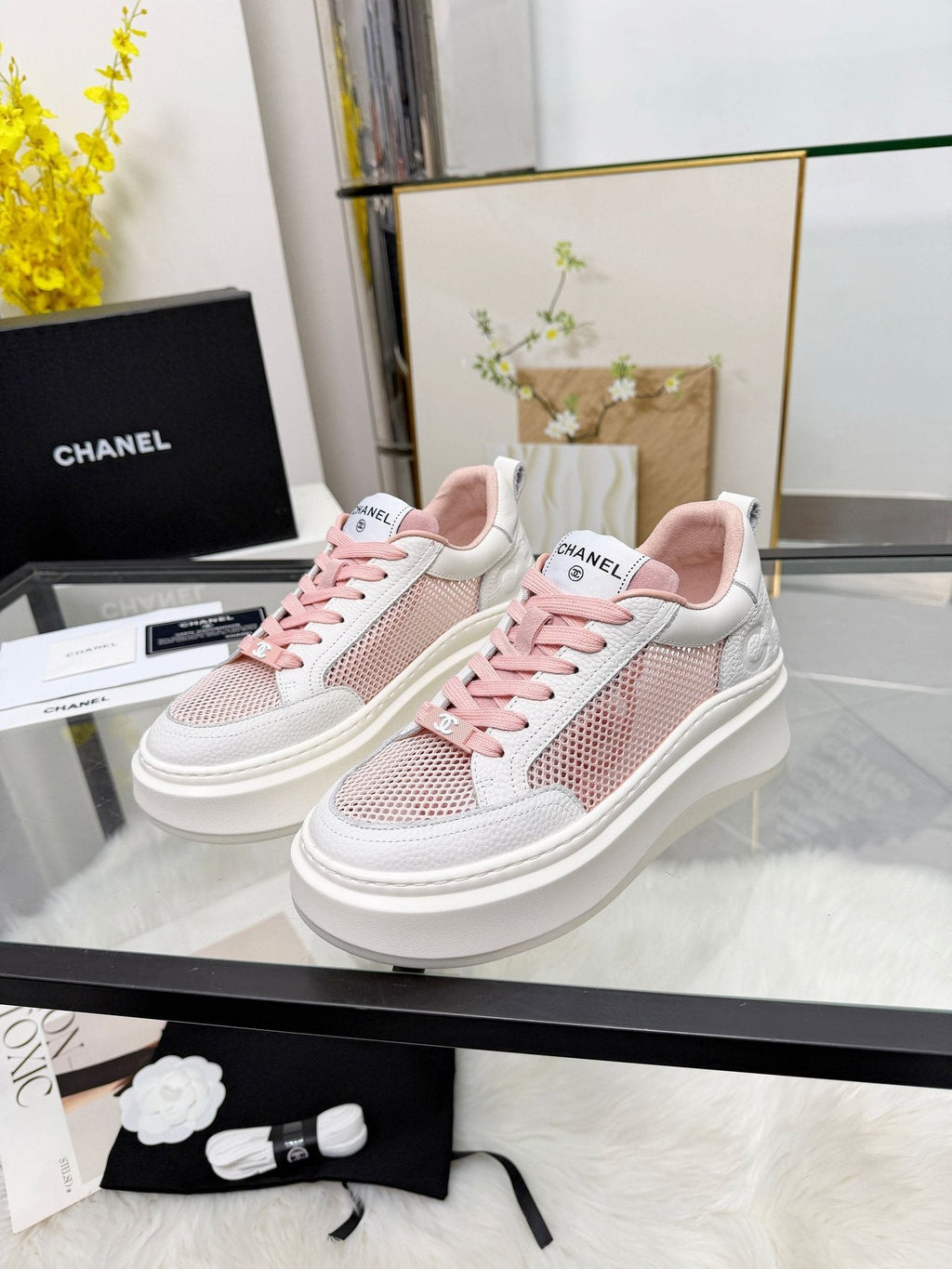 CHANEL White Platform Low-Top Sneakers — side