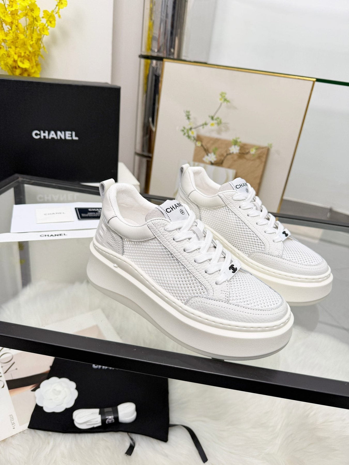 CHANEL White Platform Low-Top Sneakers — side