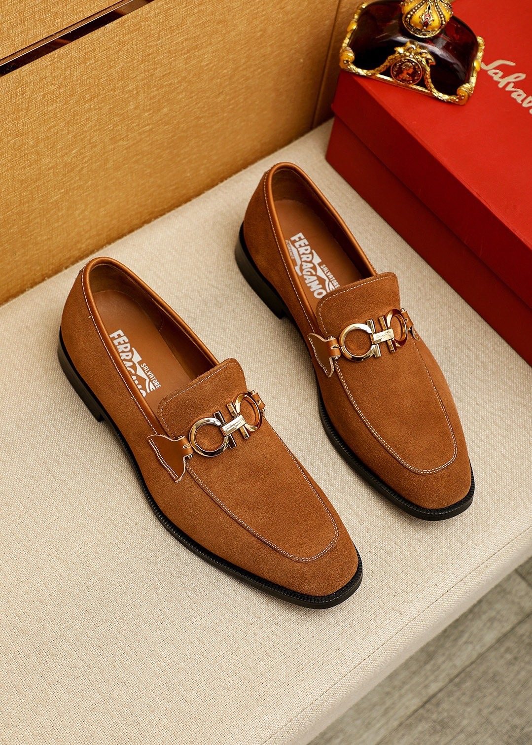 Ferragamo Black Metal Buckle Loafers — front