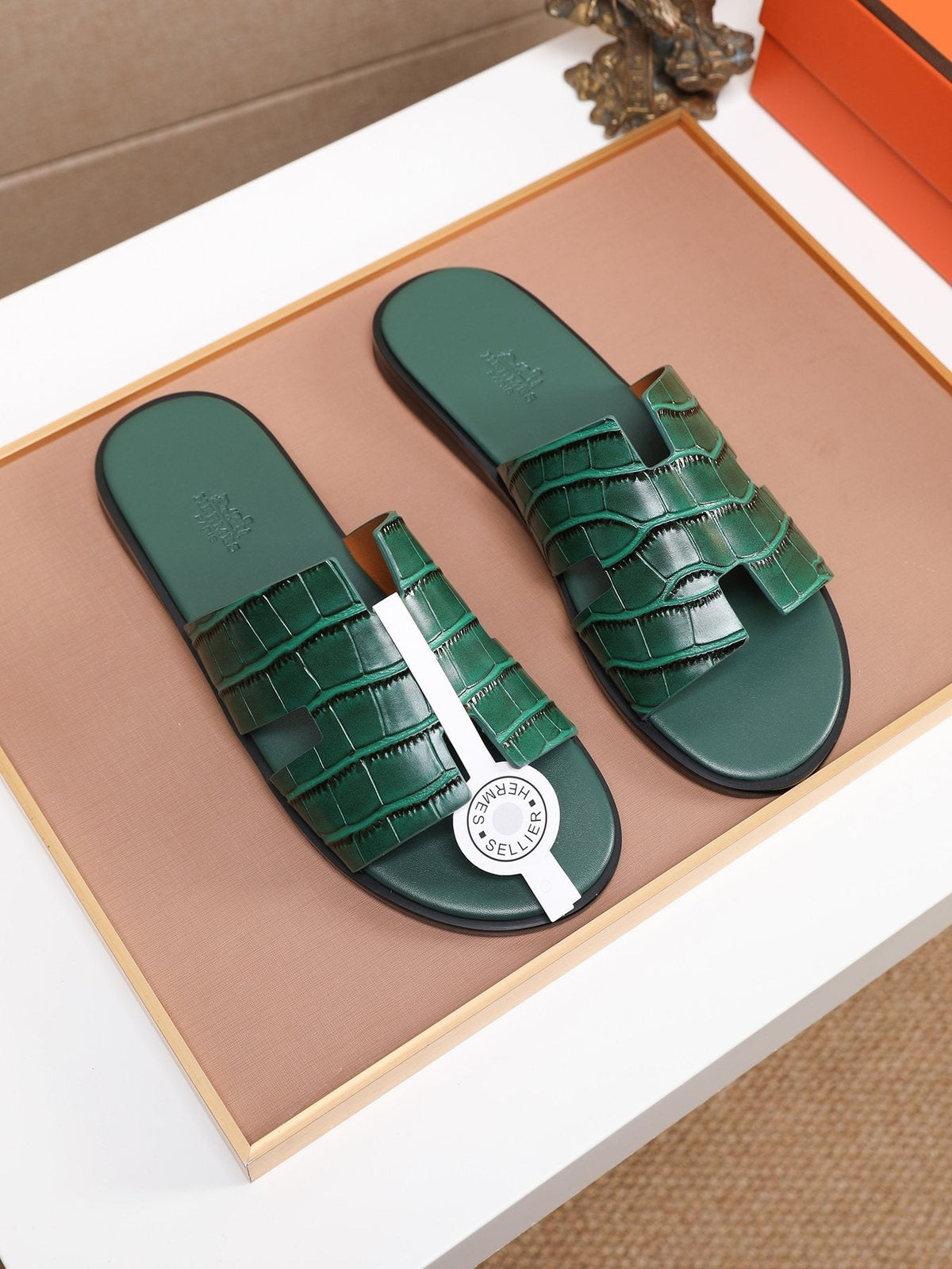 Hermès Croc-Embossed H Slide Sandals — front