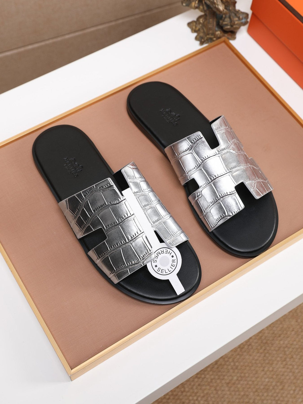 Hermès Croc-Embossed H Slide Sandals — front