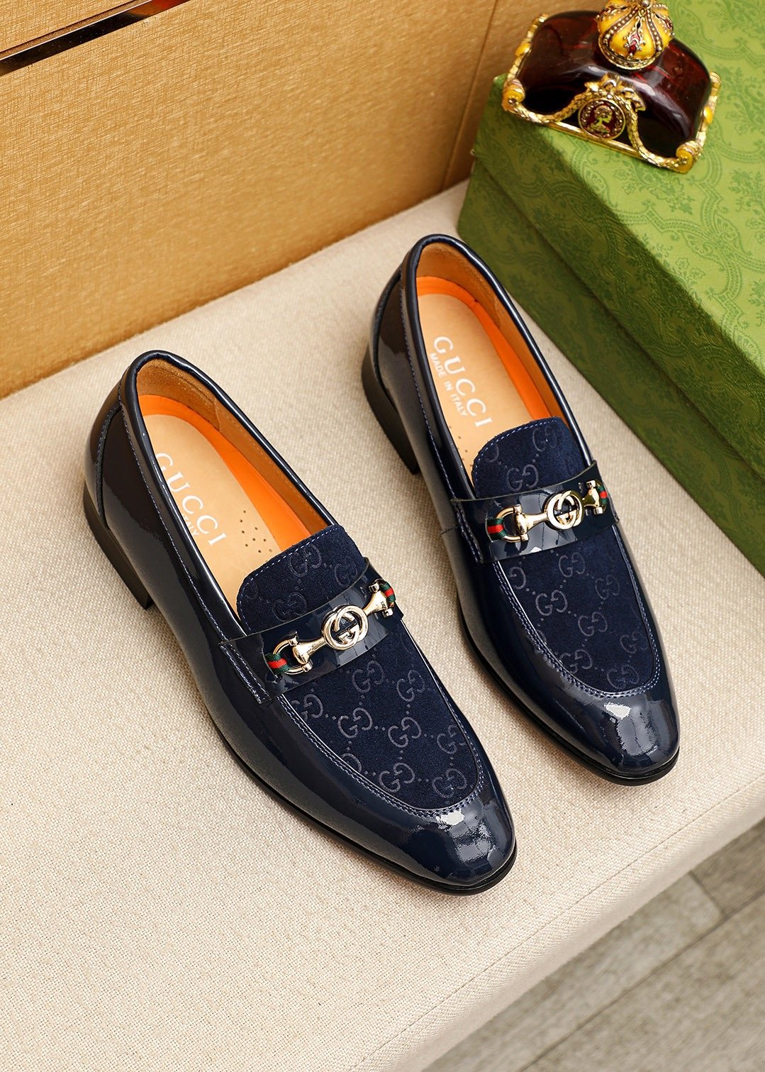 Gucci Patterned Metal Bit Loafers — front