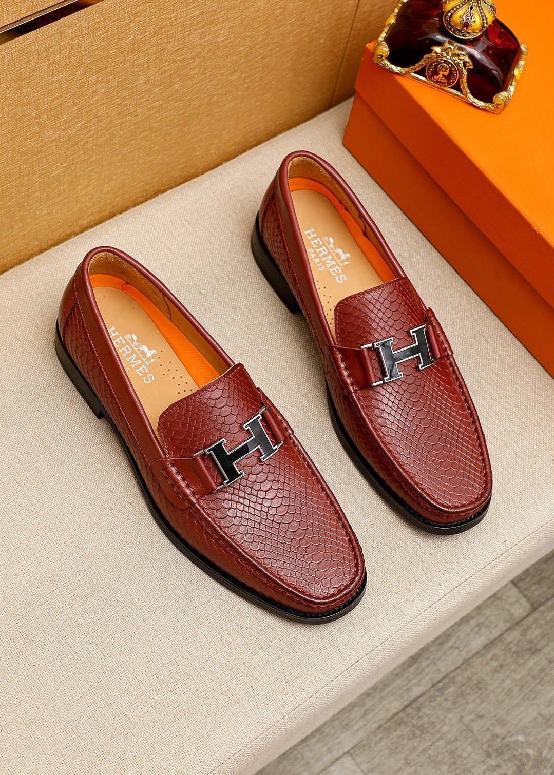 Hermès Textured H-Hardware Loafers — front