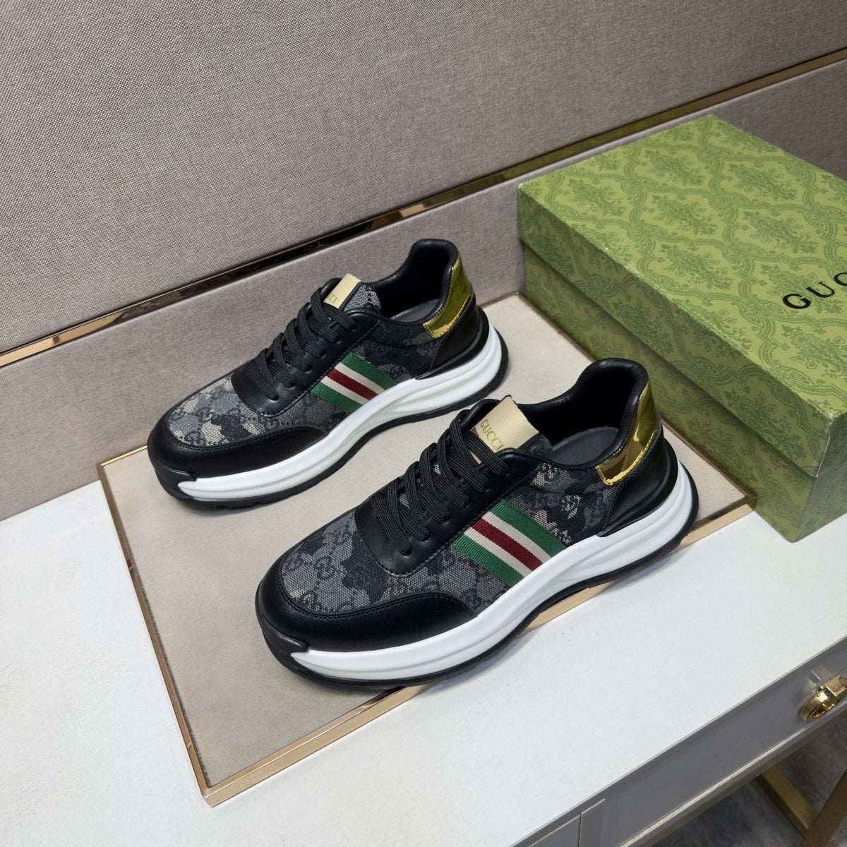 Gucci Black and Gray Stripe Sneakers — hero