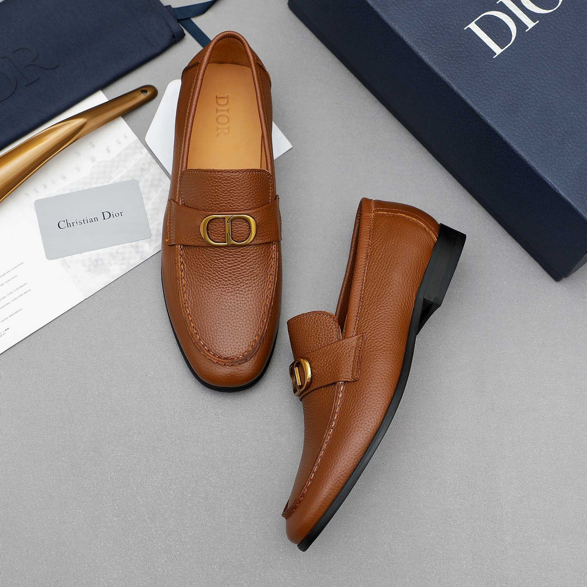 Dior Pebbled Leather Hardware Loafers — front