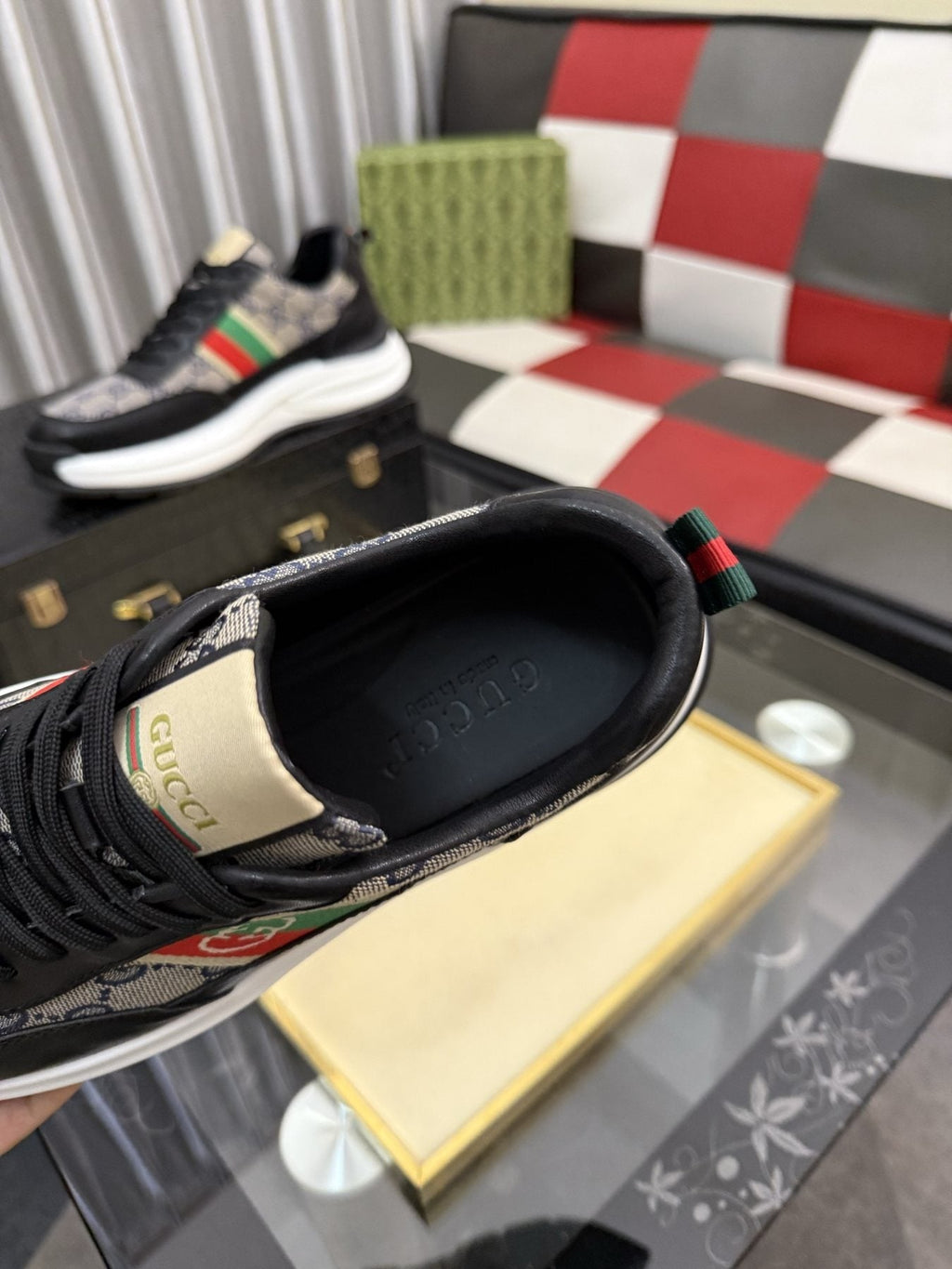 Gucci Monogram Stripe Low-Top Sneakers — detail