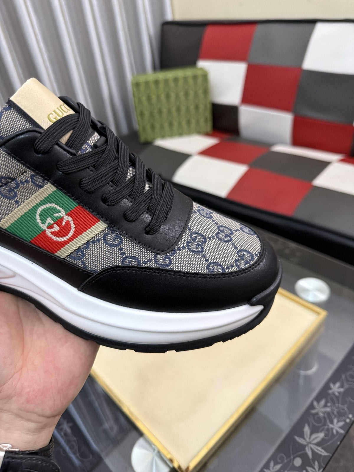 Gucci Monogram Stripe Low-Top Sneakers — detail