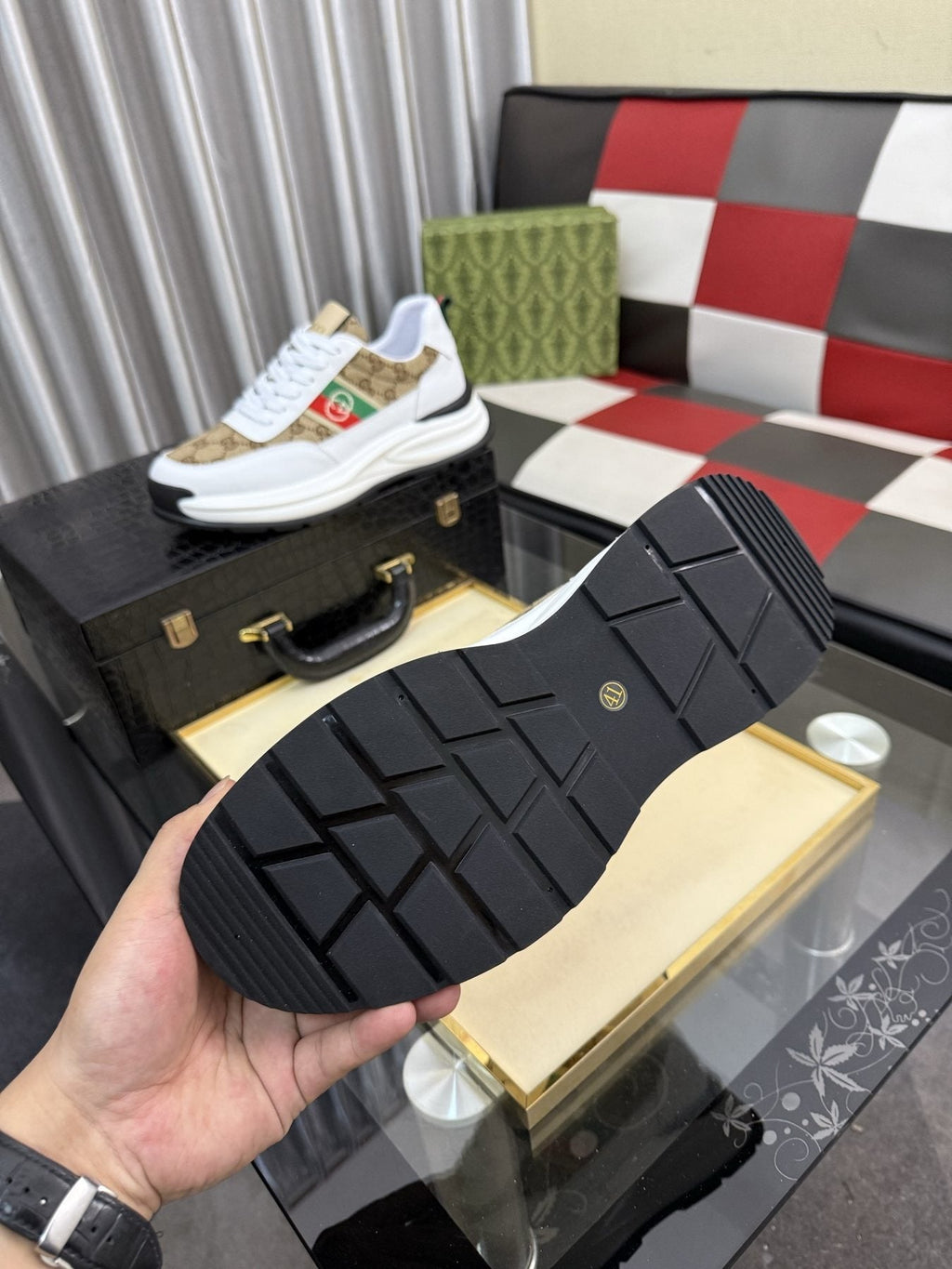 Gucci Monogram Stripe Low-Top Sneakers — detail