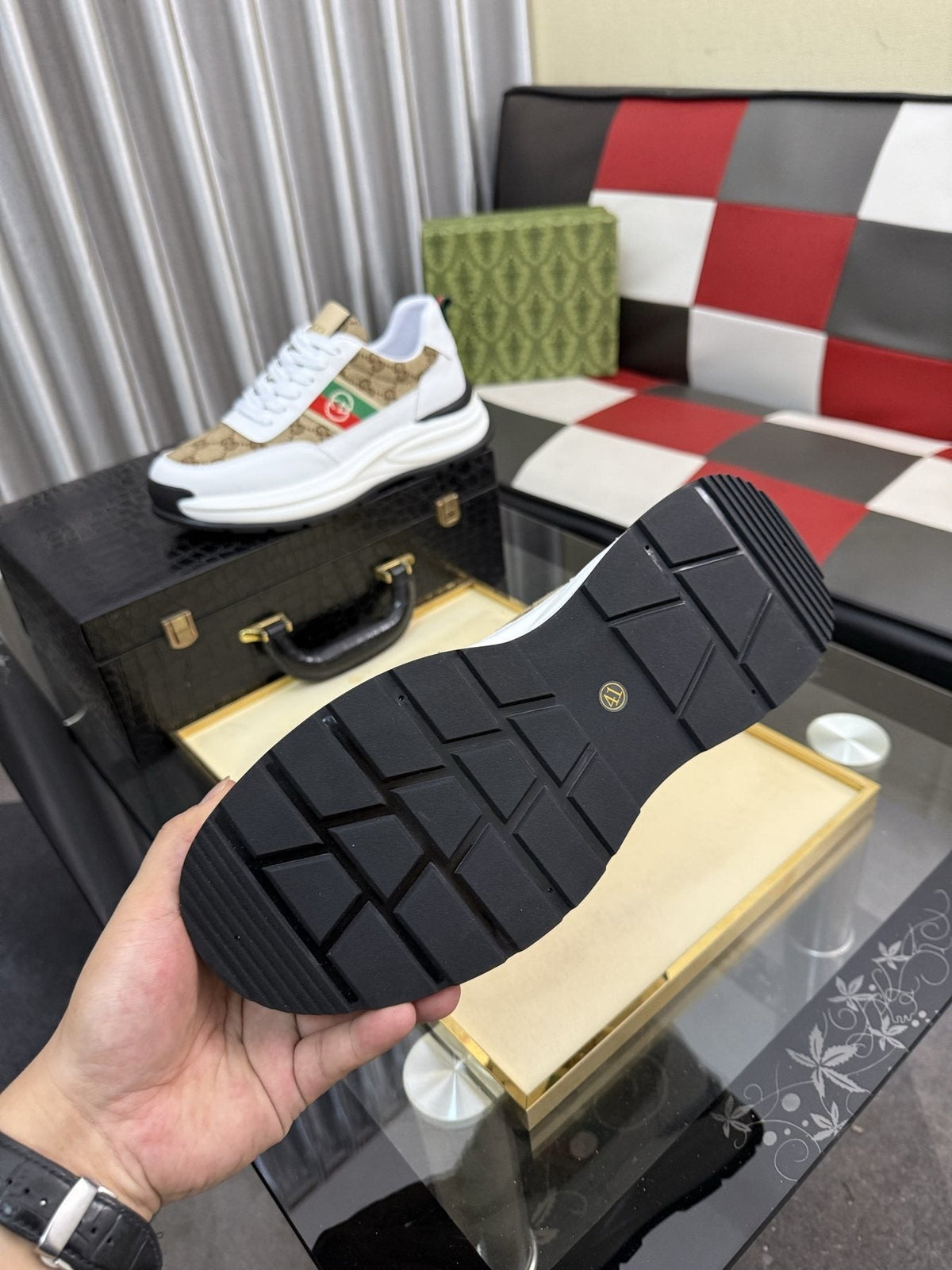 Gucci Monogram Stripe Low-Top Sneakers — detail