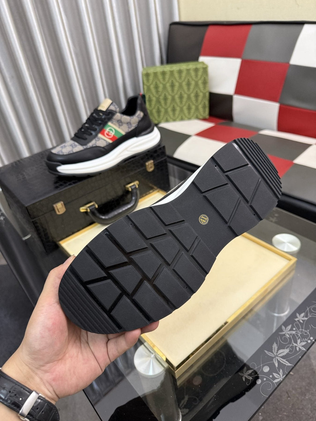 Gucci Monogram Stripe Low-Top Sneakers — detail