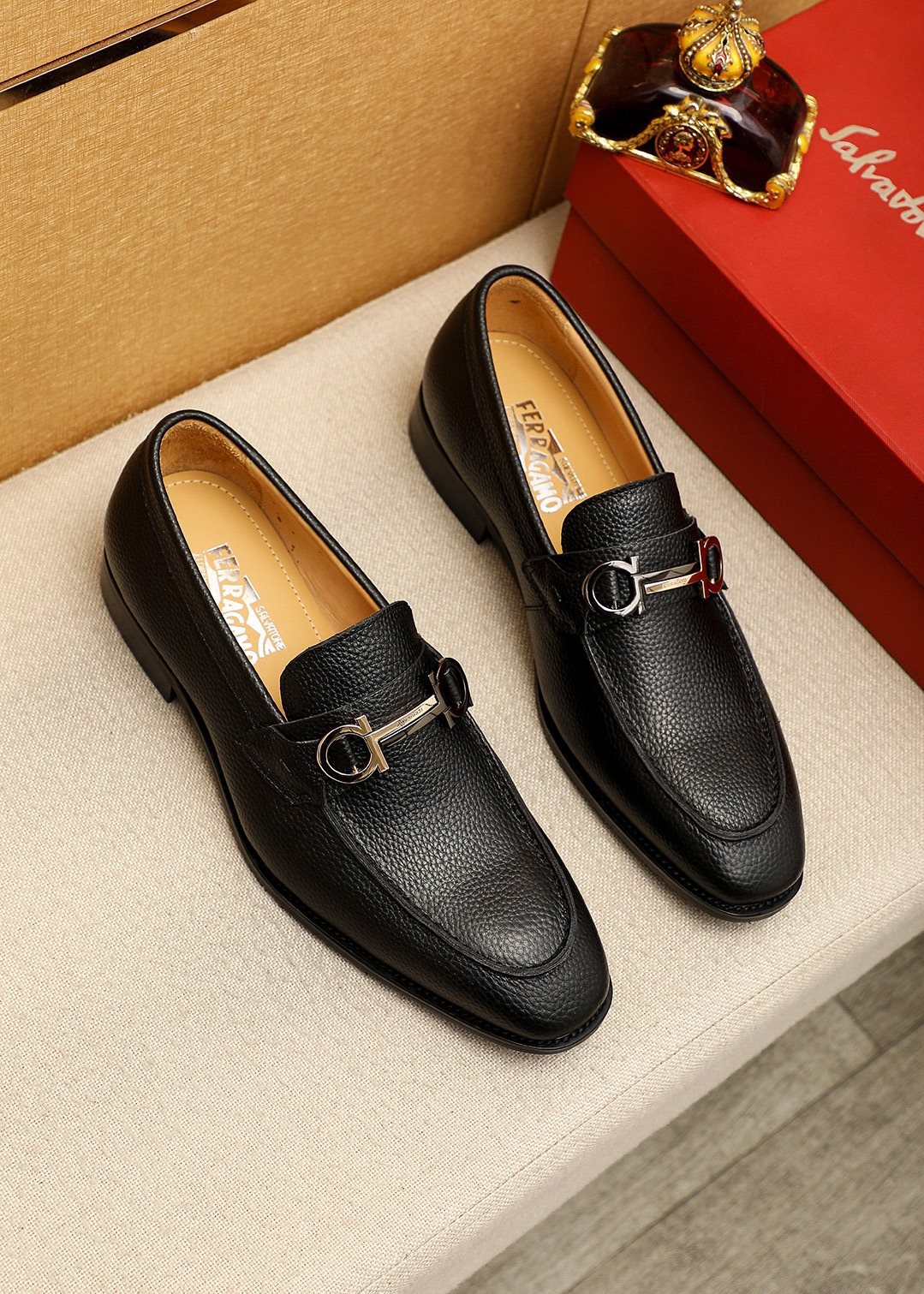 Ferragamo Pebble Leather Buckle Loafers — front