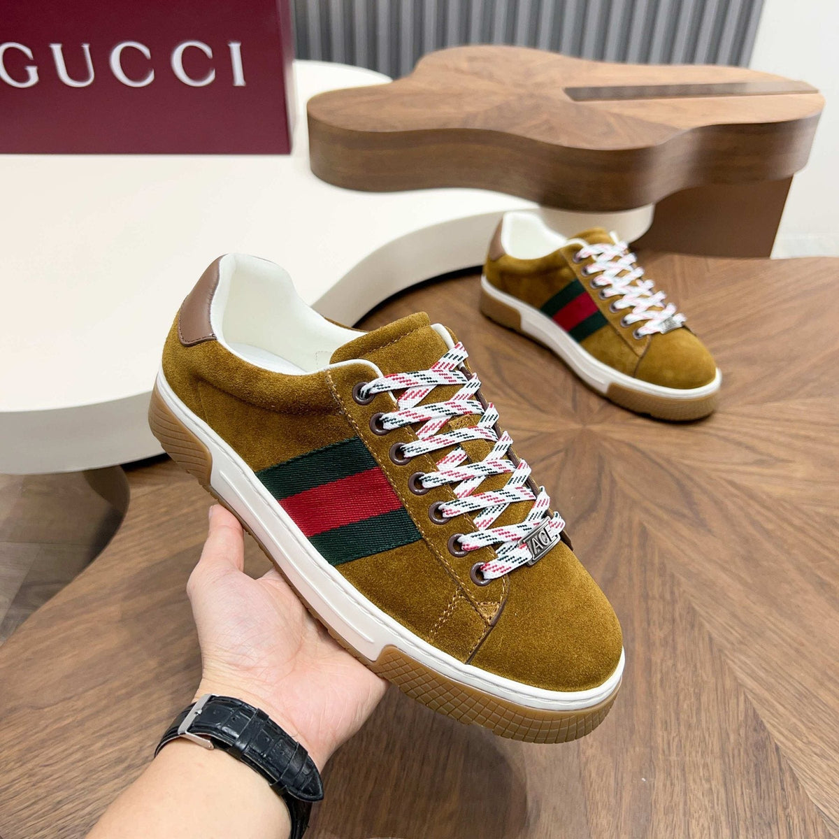 Gucci Red and Green Side Stripe Sneakers — model
