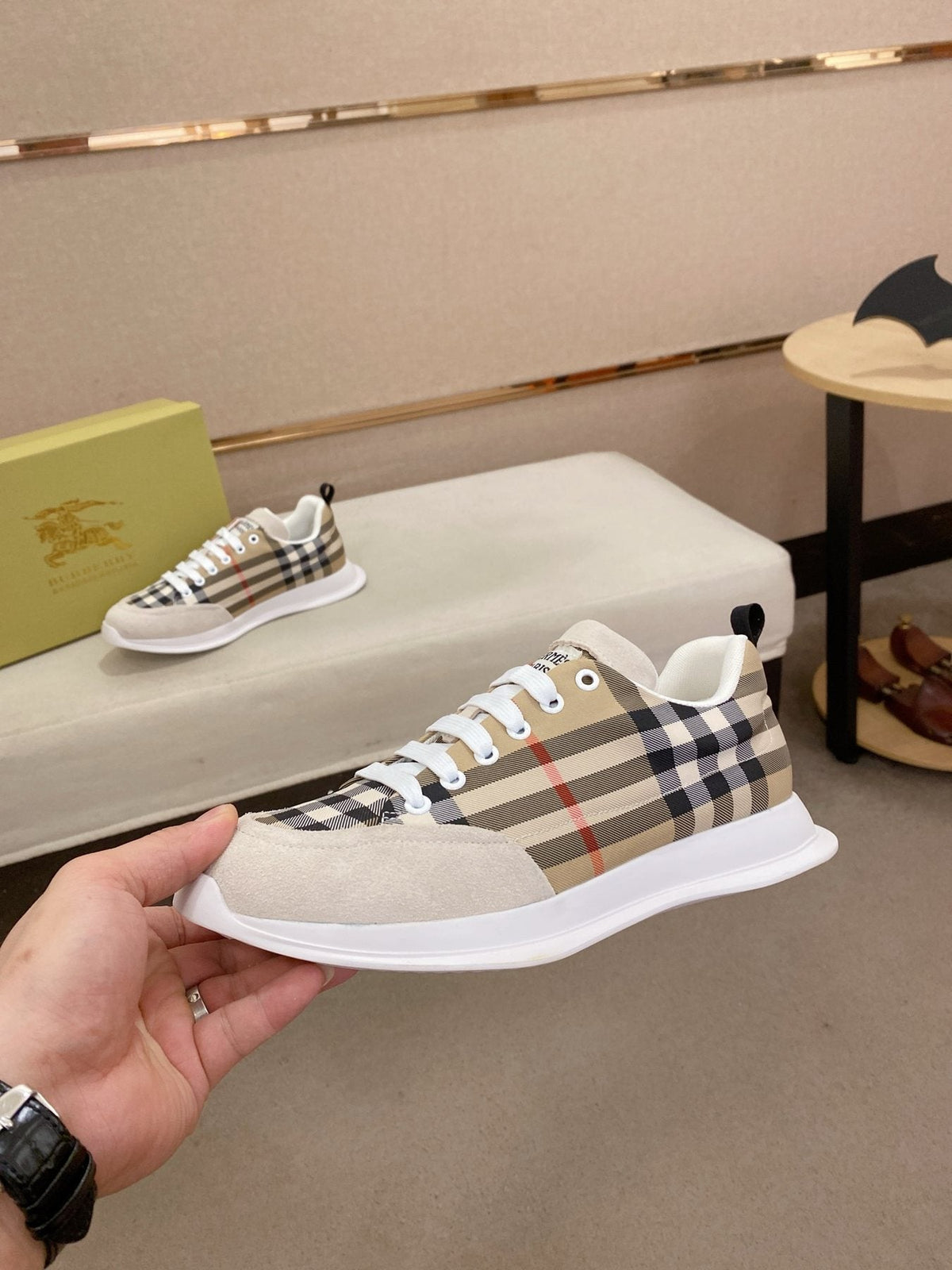 Hermès Gray Plaid Low-Top Sneakers — side